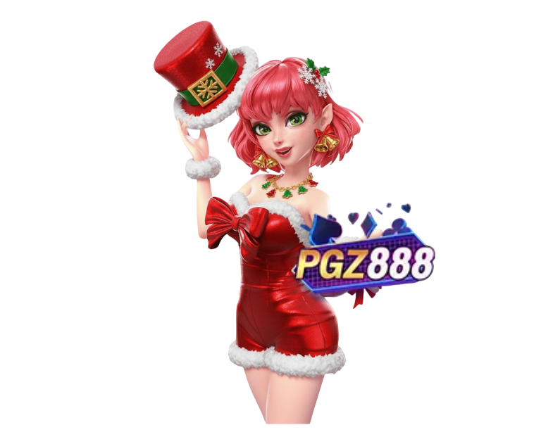 มาสคอตสาวชุดแดงถือสัญลักษณ์ทองคำ พร้อมโลโก้ PGZ888 โทนสีสดใสสไตล์สล็อตออนไลน์